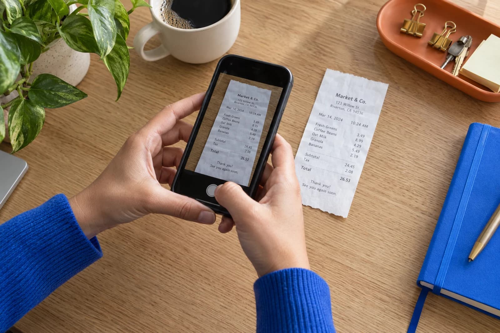 A business owner photographing a receipt at a colorful, sunlit desk